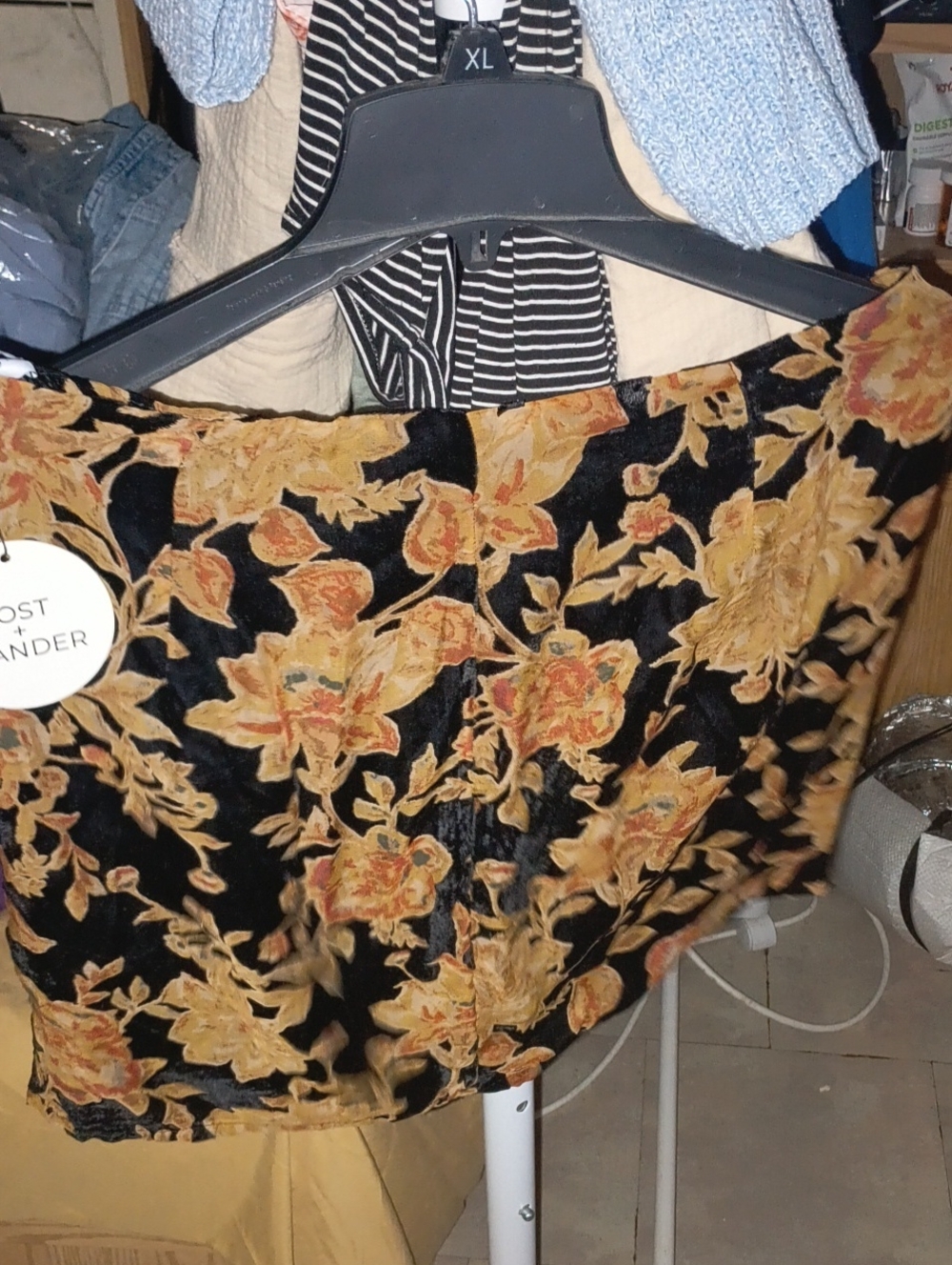 Lost + Wander Black Mini Skirt with Gold-Tan Floral Velvet